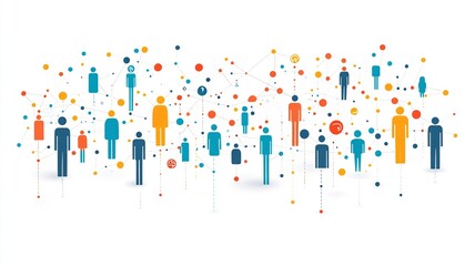 This image showcases colorful figures connected by lines against a cityscape silhouette, symbolizing the fusion of real-world and virtual interactions through social media