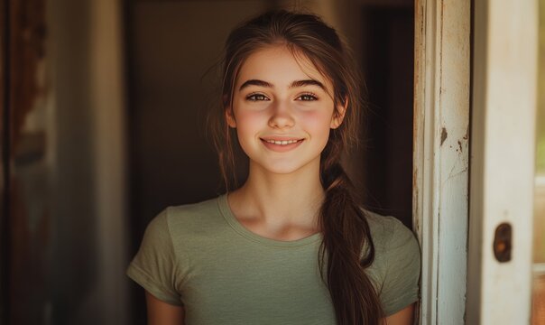 15-year-old woman, standing in a doorway, pretty, brown hair, friendly, ponytail, smiling
