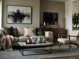Living room interior with modern decor and home accessories.