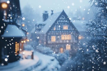 Fototapeta premium Snowy village scene, traditional house blurred in background, realistic snowflakes in front, product stand on left, ultra-realistic winter atmosphere 4