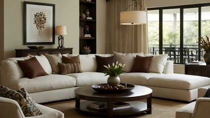 Obraz premium Living room with a white couch and brown coffee table.