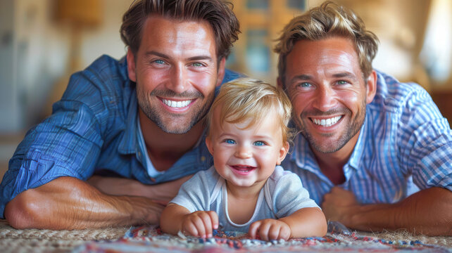 Smiling gay couple with child. Gay couple holding adoptive daughter's hand, adoption concept