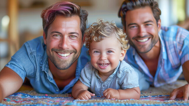 Smiling gay couple with child. Gay couple holding adoptive daughter's hand, adoption concept