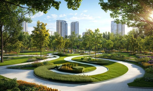 A beautifully landscaped urban park featuring circular garden designs, manicured lawns, and winding pathways, surrounded by lush green trees and modern city buildings in the background