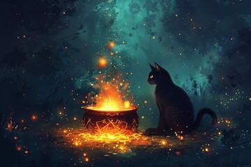 Witch cauldron bubbling fire glowing runes black cat eerie forest mystical aura enchanting
