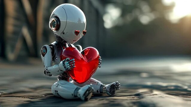 humanoid robot holding glass heart