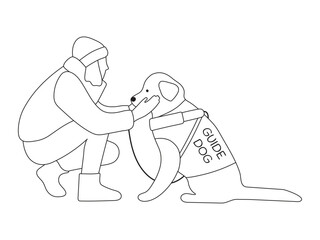 Woman Sitting With Guide Dog For Blind People Outline Black And White Illustration Isolated On White. Cold Weather. Girl With Eye Disability, Trainer, Coach