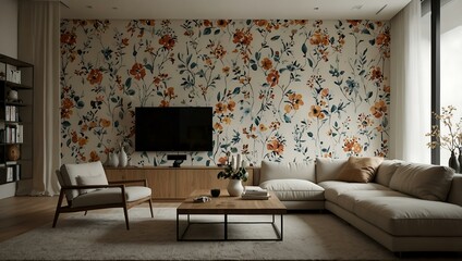 Living space with floral wall design and minimalist furniture.