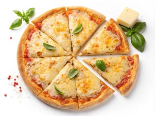 Margherita pizza with fresh basil and melted cheese on a white background