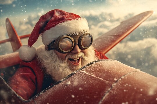 Santa Claus wearing aviator goggles, piloting a gingerbread plane in a cloudy candy sky, excited expression, whimsical lighting, close-up shot 2