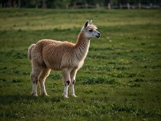 Fototapeta premium Llama grazing on green grass.