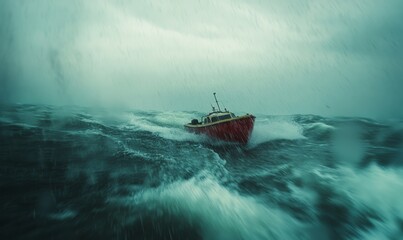 A boat fighting to stay afloat amidst churning waves and a fierce ocean storm, horizon blurred by rain
