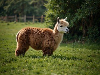 Obraz premium Llama grazing on green grass.