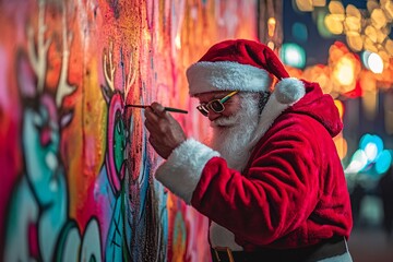 Santa Claus painting graffiti on a wall, creating a vibrant mural of reindeer, casual outfit, nighttime urban setting, colorful lighting, medium close-up 1