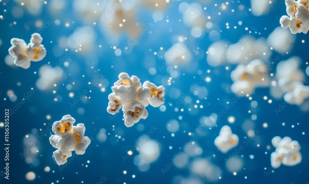 Poster a captivating image of popcorn kernels floating in a starry, blue backdrop, creating a whimsical and