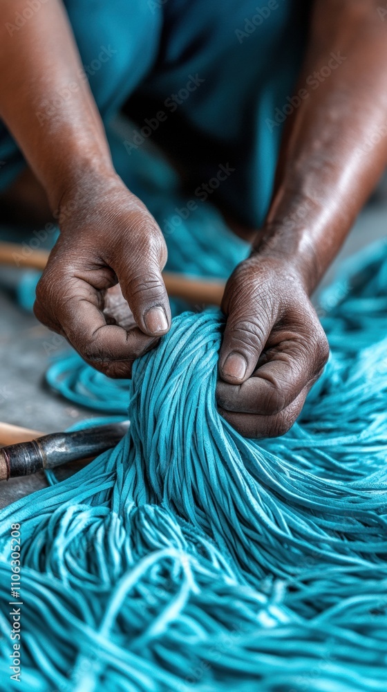 Poster hands skillfully weaving vibrant blue threads into intricate patterns, ai