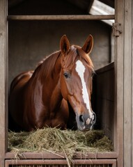Obraz premium Caring for a bay horse in a stall eating hay.