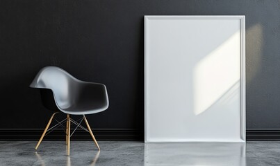 A chic white poster frame stands near a modern chair on concrete flooring