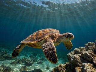 Obraz premium Loggerhead turtle swimming off Kas, Antalya, Turkey.