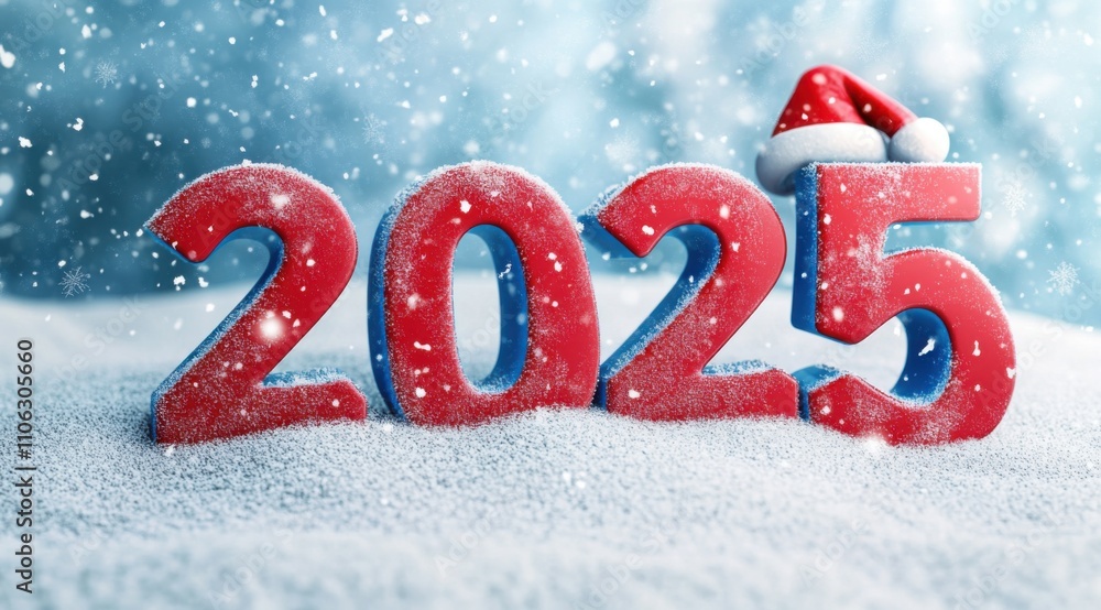 Poster 3d text 2025 in red color with a santa hat on a snowy background, with copy space for a happy new ye