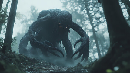 Nightmarish shapeshifting bakemono creature exuding primordial power in surreal japanese forest. Eldritch. Illustration © Thiago