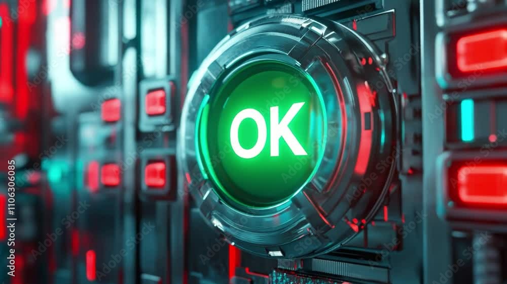Poster bright green ok button against a backdrop of abstract technology with illuminated elements and vibra