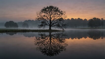 Obraz premium Lone tree in a misty dawn field with pond reflections.