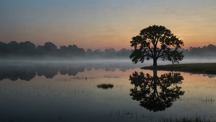Lone tree in a misty dawn field with pond reflections.