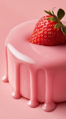 Strawberry-topped pink cake with glossy icing drips elegantly down the sides, AI