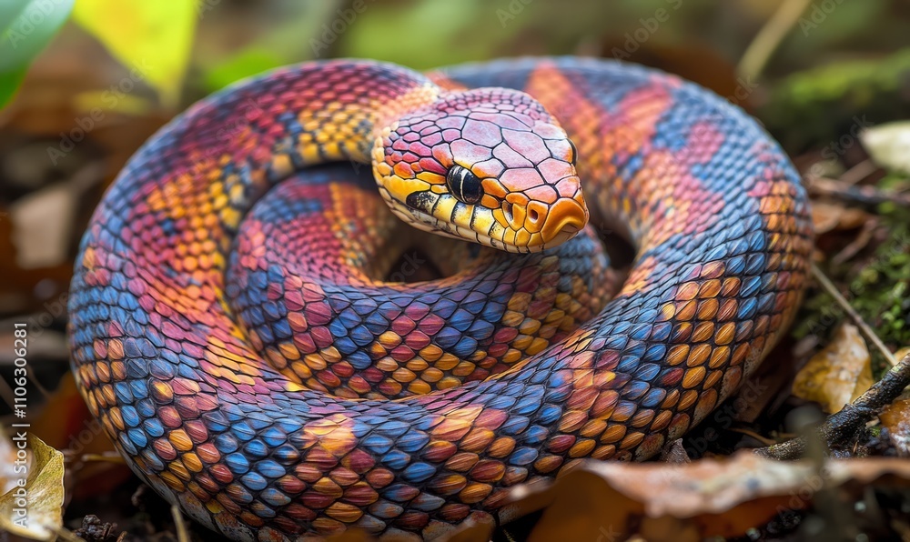 Poster a coiled snake with intricate patterns and vivid colors blends into the forest floor, observing its 