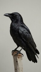 Fototapeta premium Lonely black crow on a white backdrop.