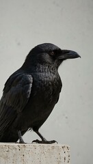 Lonely black crow on a white backdrop.