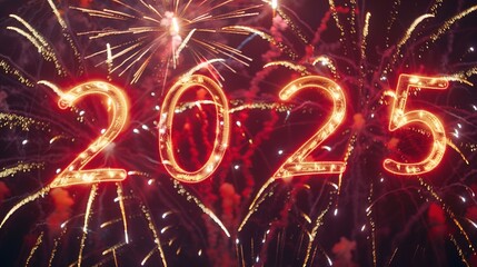 Fireworks bursting over "2025" in bold, glowing letters, isolated on a red background.