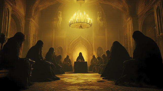 Secretive occult practitioners gathered in a dimly lit chamber for arcane rituals and mysticism. Eldritch. Illustration