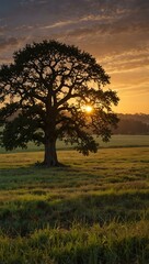 Fototapeta premium Lonely oak tree at sunrise in a field.