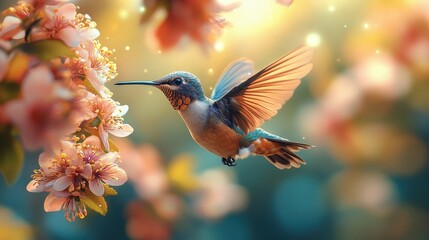 Naklejka premium Vibrant Hummingbird Among Colorful Blossoms in a Lush Garden