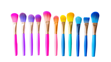 A set of vibrant paintbrushes arranged on a white background.