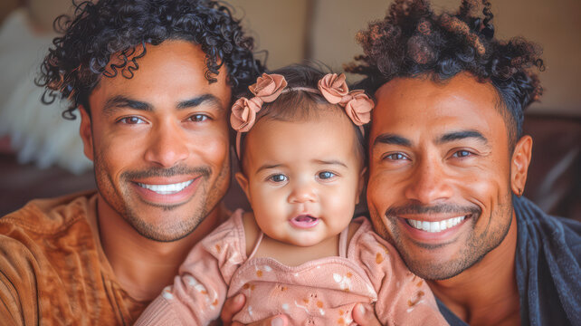 Smiling gay couple with child. Gay couple holding adoptive daughter's hand, adoption concept