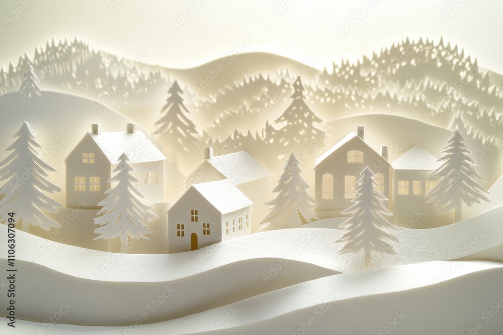 Poster intricate paper-cut village showcases charming homes and trees, elegantly displayed in a snowy lands