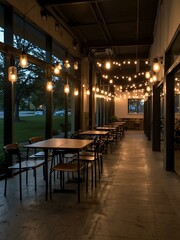Long walkway lined with tables and lights.