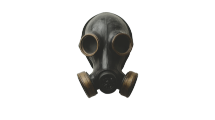 A single gas mask centered on a stark white background.