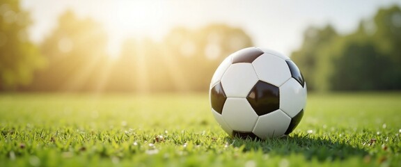 Soccer Ball Resting Symbolically on Green Field Against Sunlit Nature Background with Copy Space