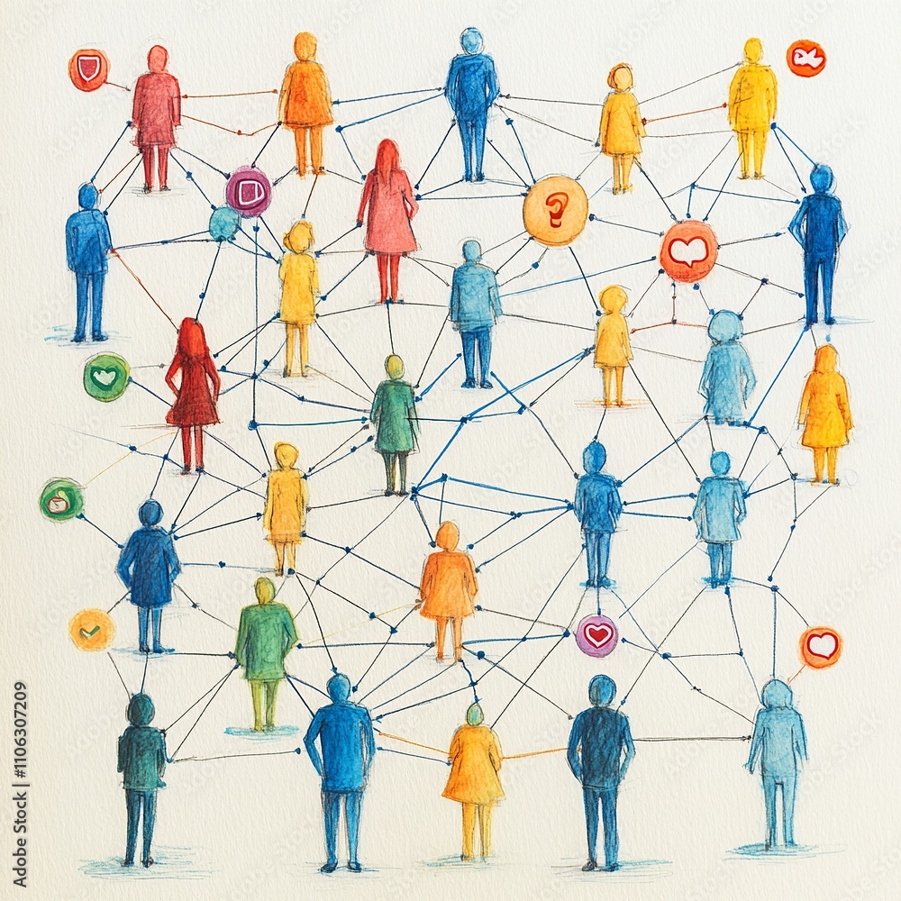Poster this image showcases colorful figures connected by lines against a cityscape silhouette, symbolizing