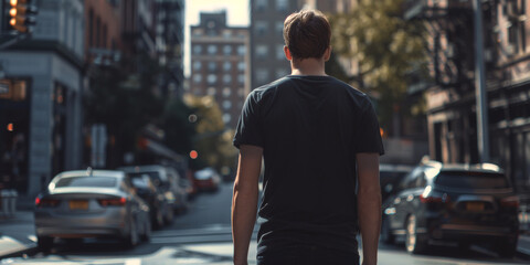 young man in a black T-shirt on the street mock-up Generative AI
