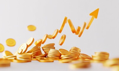 A bold growth chart rising over floating gold coins, on a white background