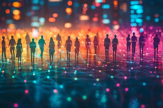 This image showcases colorful figures connected by lines against a cityscape silhouette, symbolizing the fusion of real-world and virtual interactions through social media
