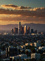 Fototapeta premium Los Angeles cityscape transitioning from day to night.