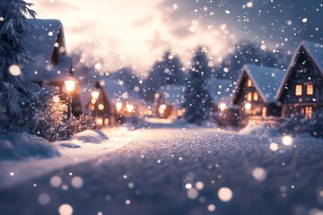Naklejka premium Blurred winter village with snowflakes, snow-covered cottage, clear foreground for product placement on left, ultra-realistic 1