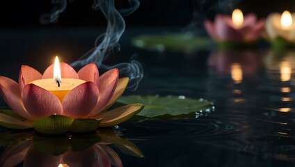 Lotus flower candle floating in water with smoke.