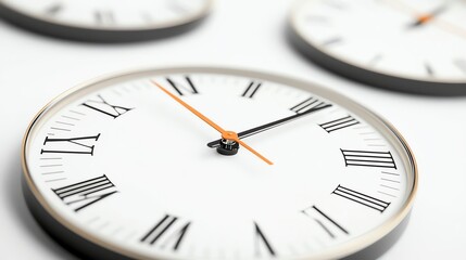 A close-up view of decorative clocks featuring Roman numerals, each ticking away the seconds. Ideal for concepts related to time management, punctuality, and productivity.
